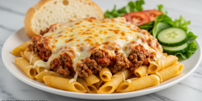 A serving of Lazy Man's Lasagna with a side salad and bread