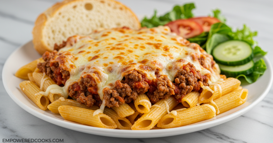 A serving of Lazy Man's Lasagna with a side salad and bread