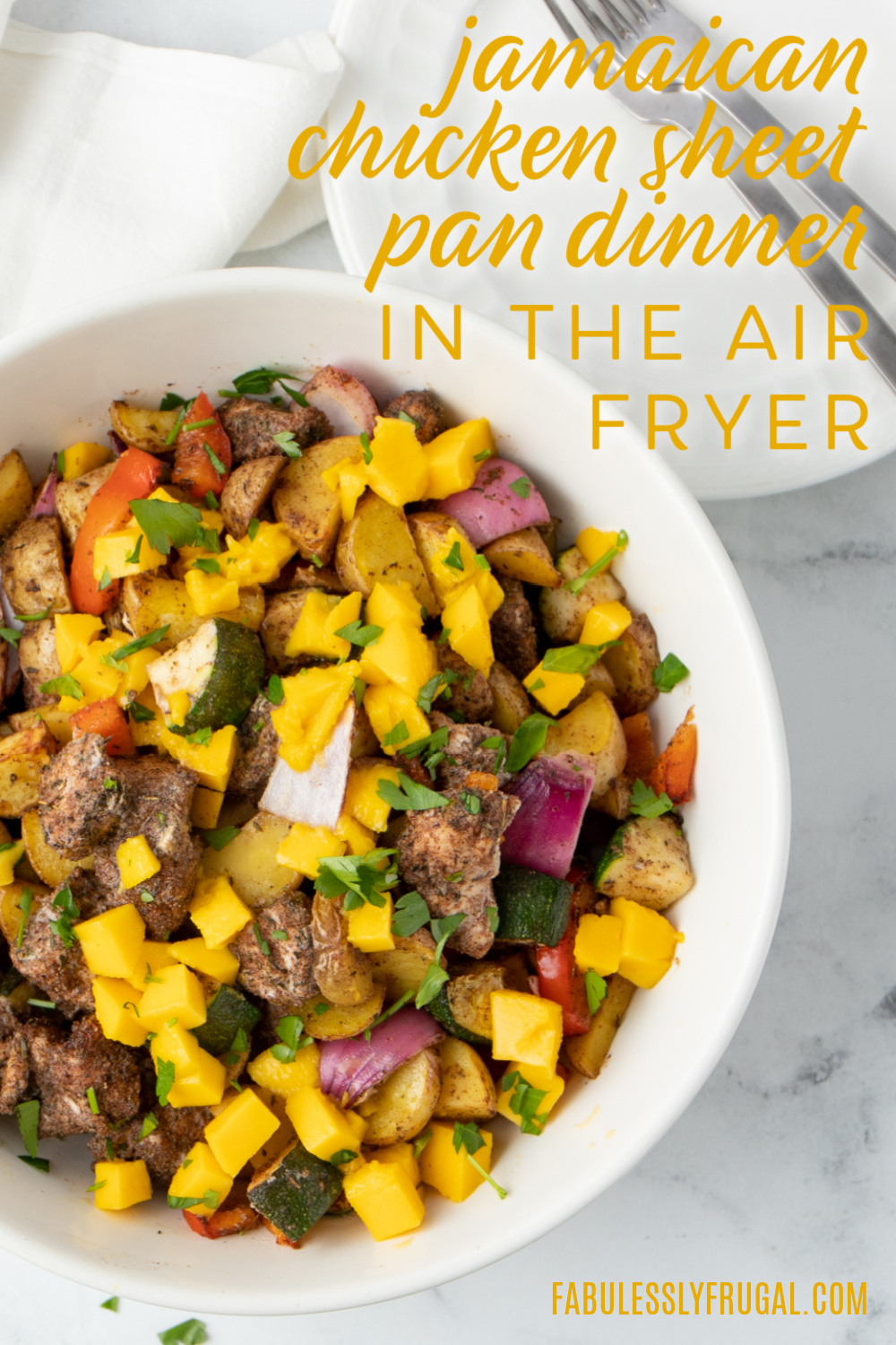 jamaican chicken sheet pan dinner with mango in the air fryer
