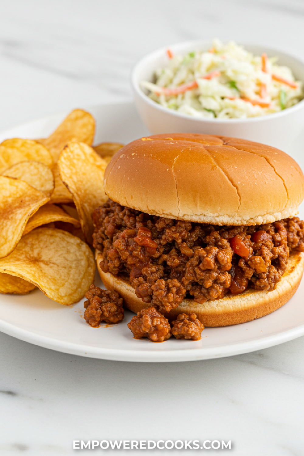 dinner plate with sloppy joes, chips, and coleslaw