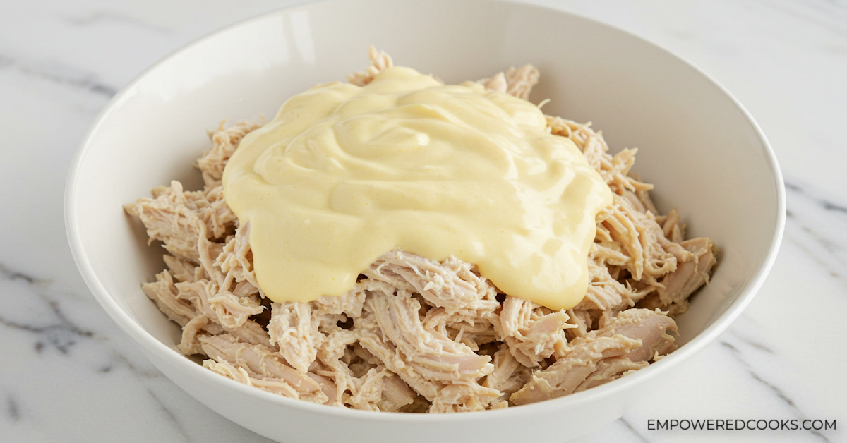 adding chicken broth to shredded chicken