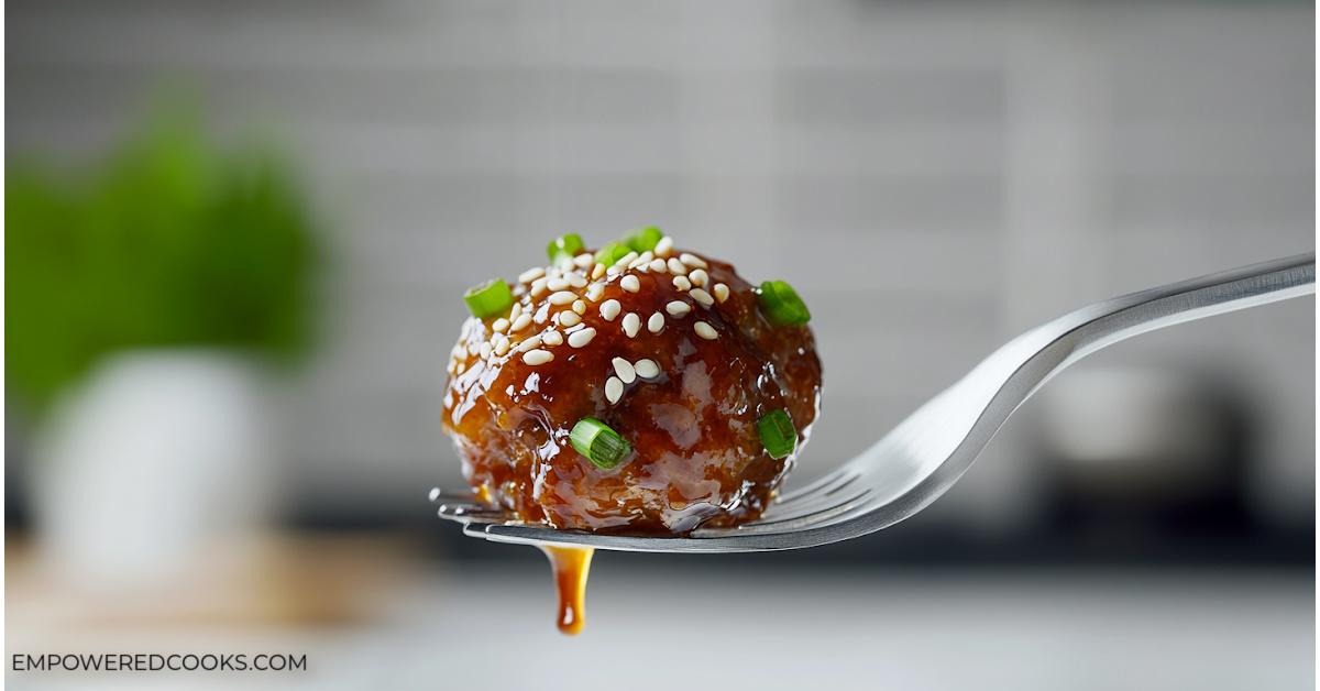 honey garlic meatball on a fork