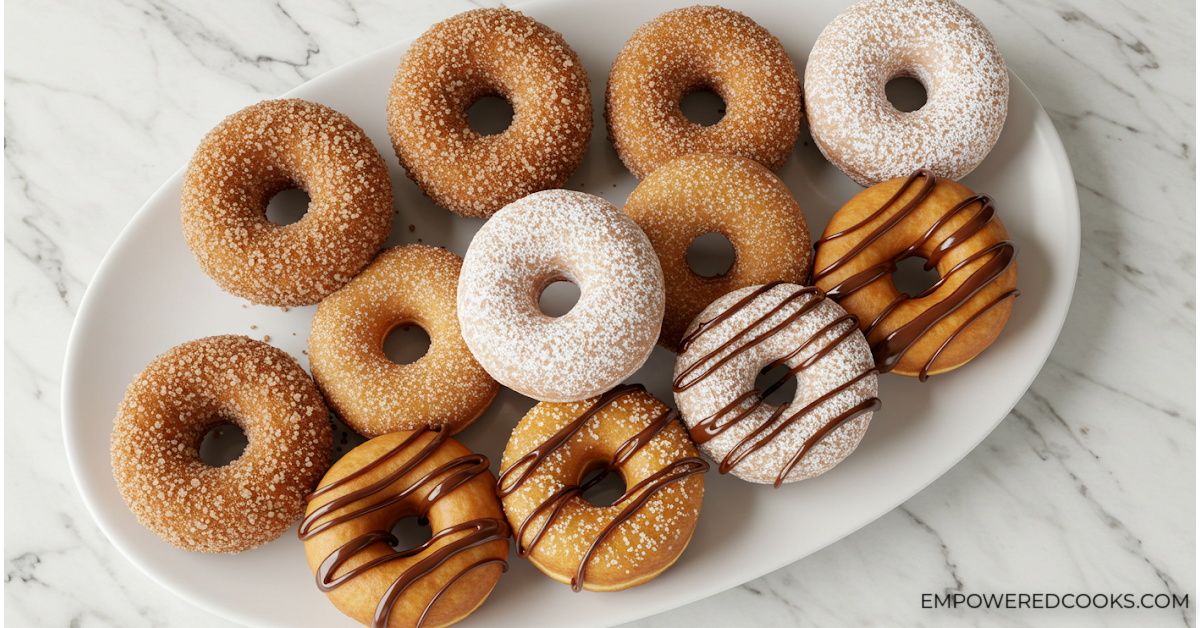 cake donuts with cinnamon sugar, powdered sugar, or icing coating