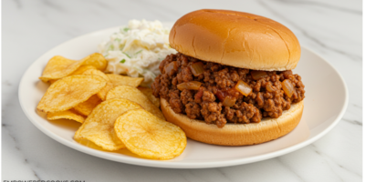 dinner plate with sloppy joes, chips, and coleslaw