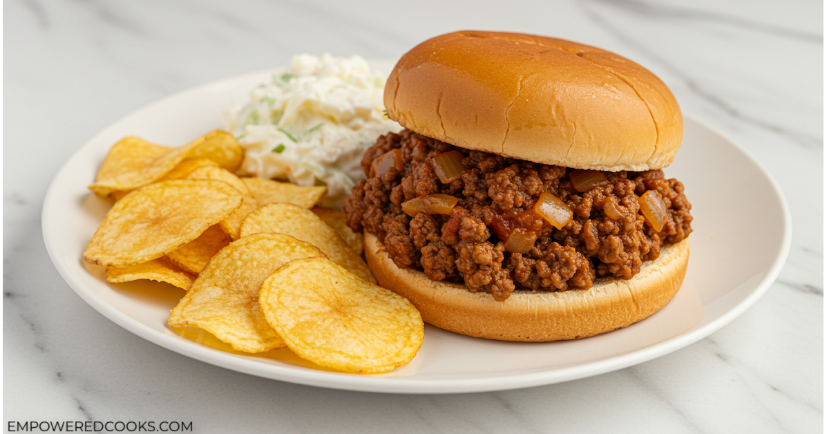 dinner plate with sloppy joes, chips, and coleslaw