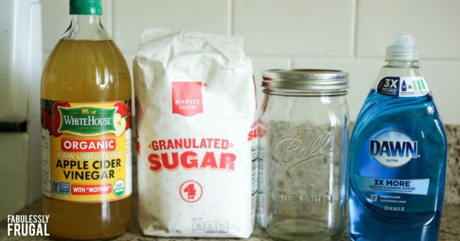 supplies needed to make a DIY fly trap including apple cider vinegar, sugar, dish soap, and a mason jar