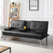 LuxuryGoods Modern Faux Leather Futon with Cupholders and Pillows $176...