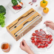Bamboo Kitchen Foil and Plastic Wrap Organizer with Cutter $11.49 After...