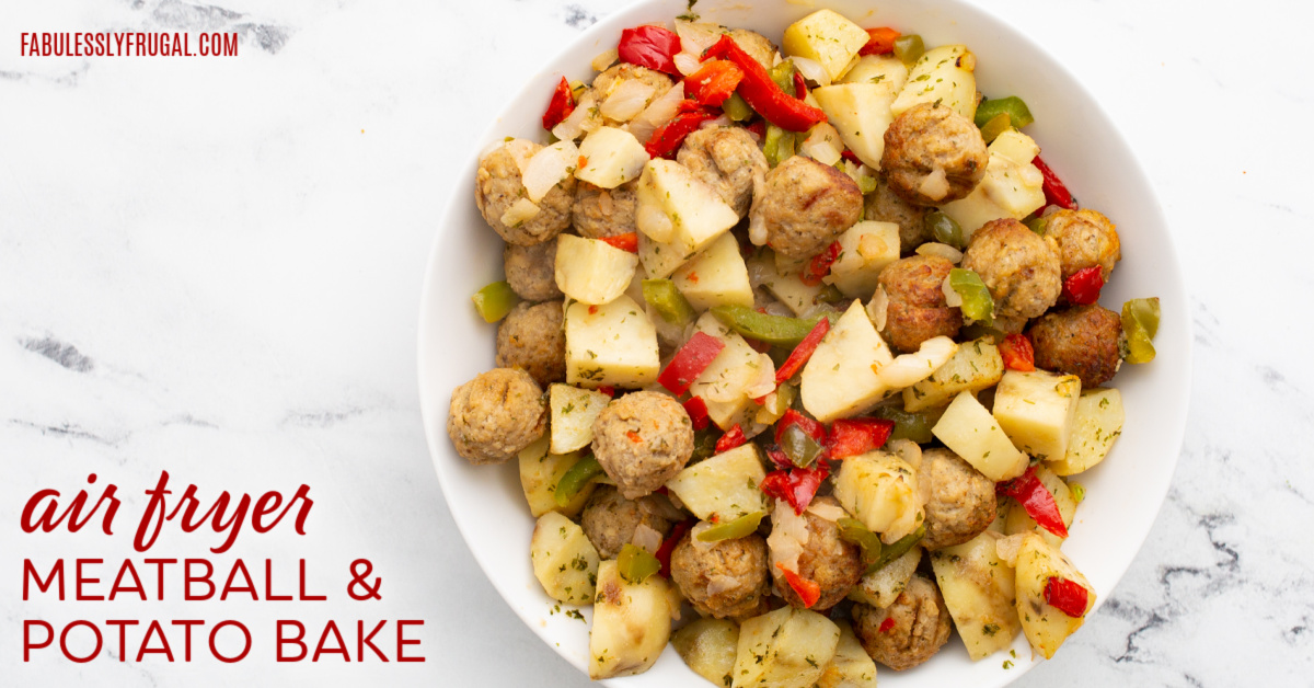 air fryer meatball and potato bake text on meatball, potato, bell pepper, and onion image