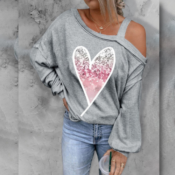Show off your style with this One Shoulder Sling Heart Printed Sweatshirt...