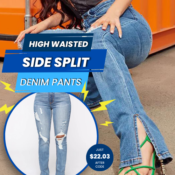 Always be in style with this High Waisted Side Split Ripped Denim Pants...