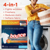 THREE Bounce 130 Count WrinkleGuard Mega Fabric Softener Dryer Sheets as...