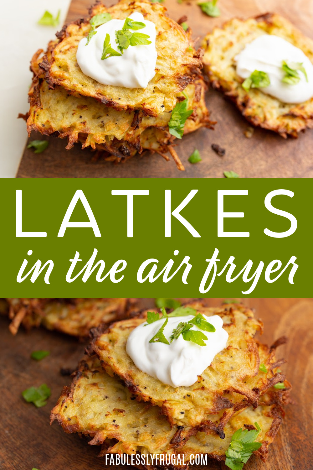 latkes in the air fryer text on images of latkes