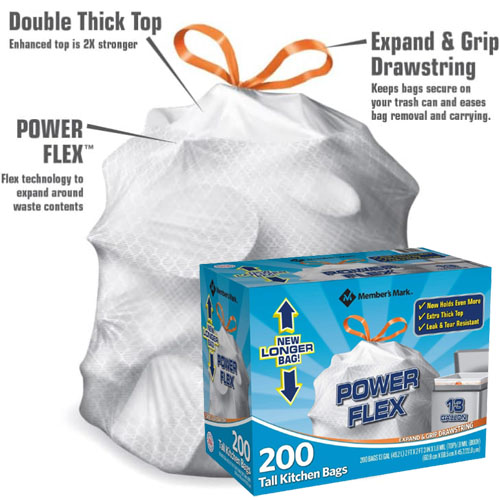  Member's Mark Power Flex Tall Kitchen Drawstring Bags, 200  Count : Health & Household