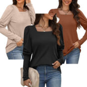 Women's Square Neck Shirts Puff Sleeve Tops $10.79 After Code + Coupon...