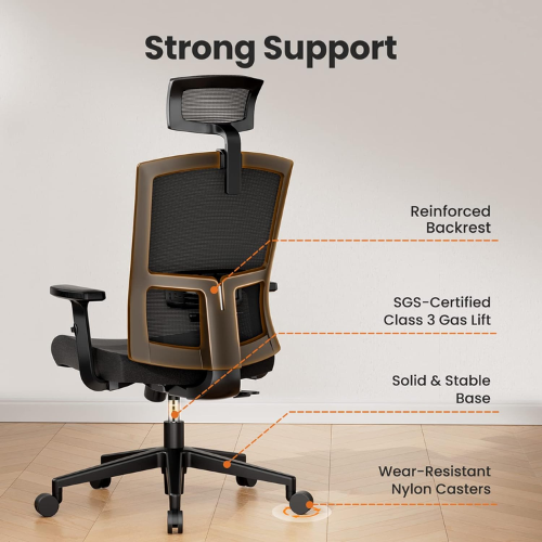 NOBLEWELL Ergonomic Office Chair High Back Mesh Computer Chair with Lumbar Support Adjustable Armrest, Backrest and Headrest