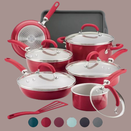 Rachael Ray 15-Piece Hard Enamel Nonstick Cookware Set - Red
