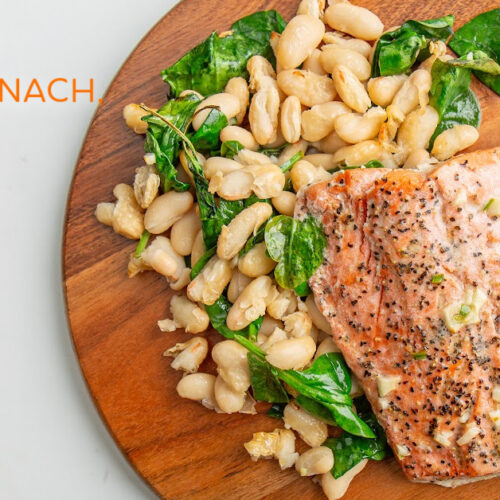 air fryer salmon, spinach, and beans