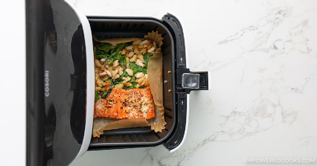 air fryer salmon, spinach, and beans