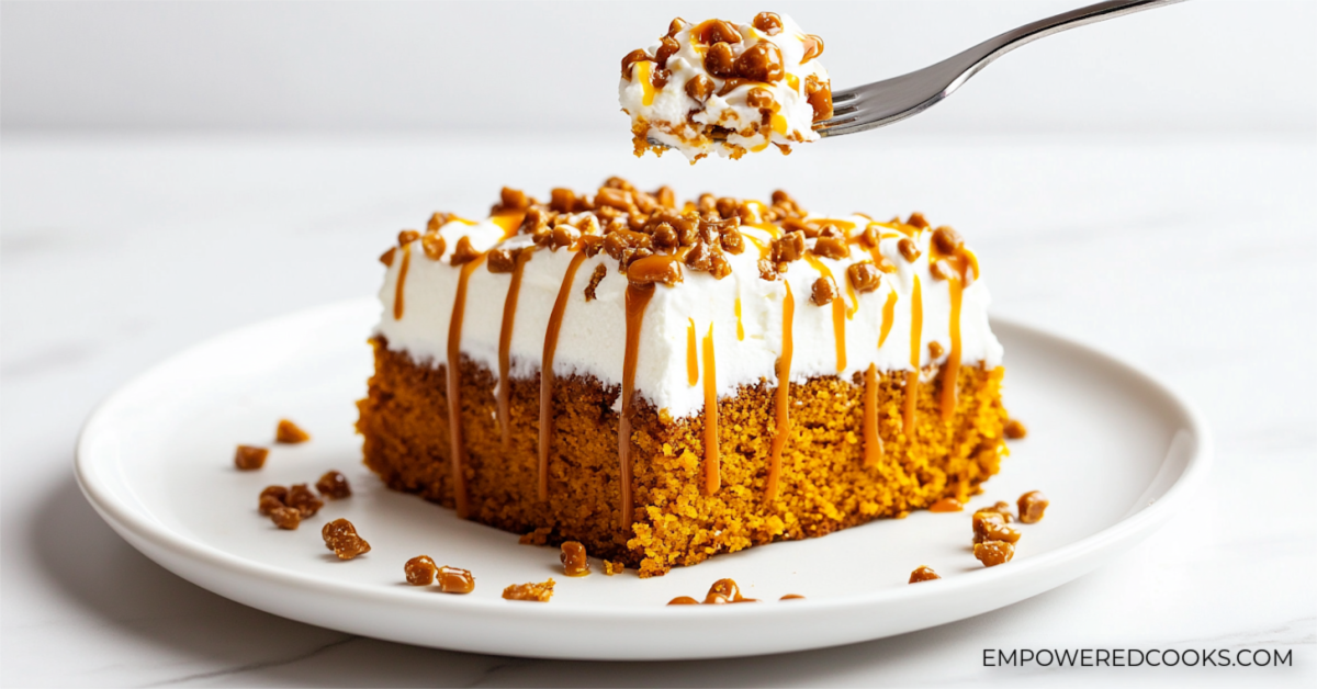 a bite of pumpkin poke cake