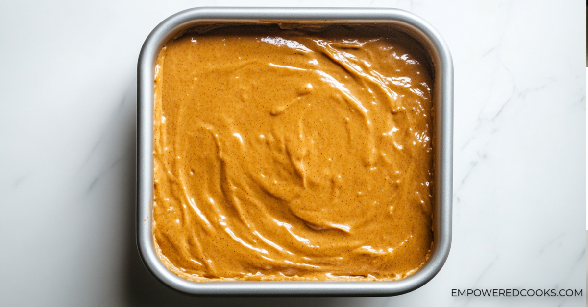 pumpkin poke cake batter in baking dish