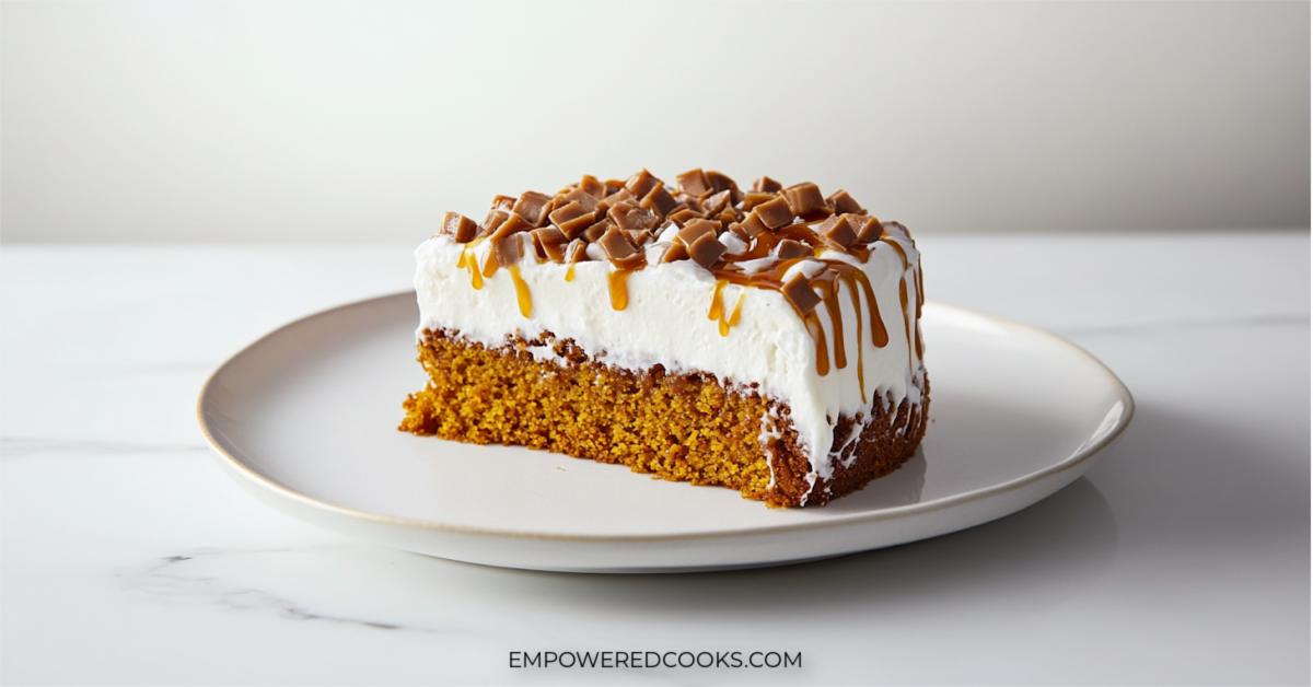 a slice of pumpkin poke cake