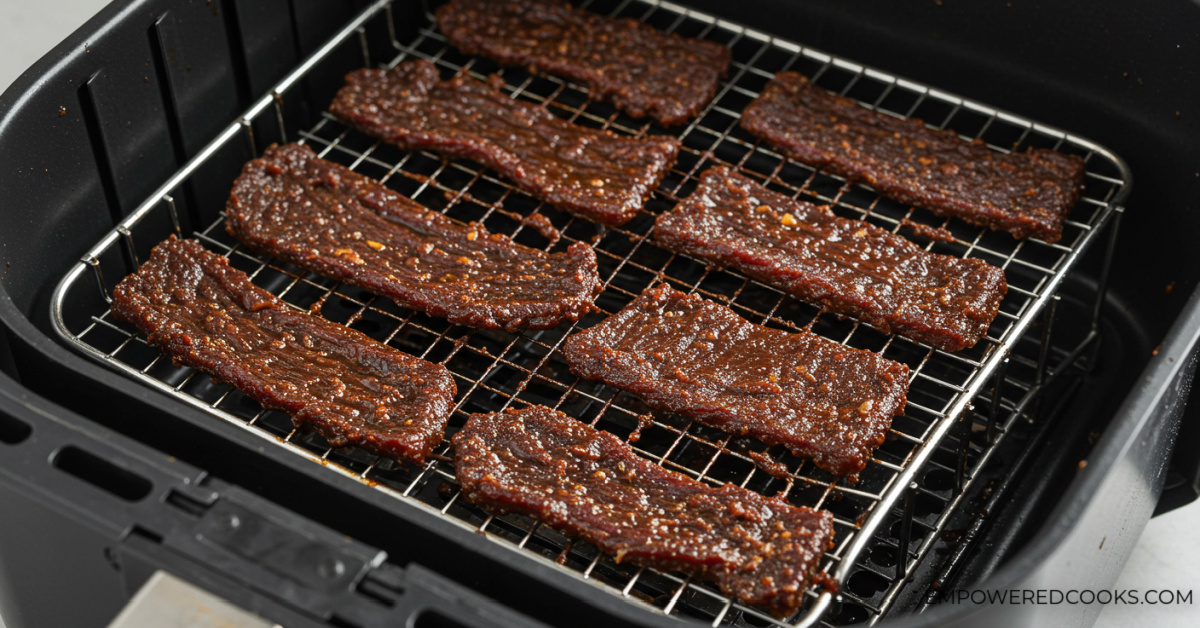 Beef jerky in a single layer in the air fryer