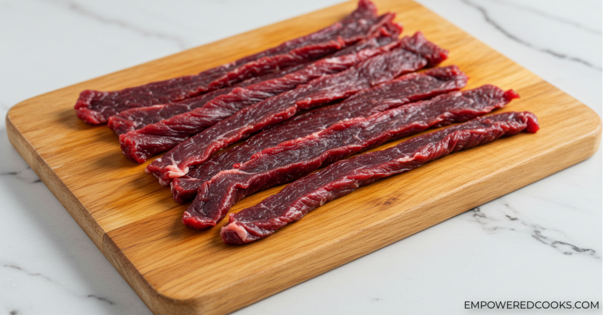 slicing top sirloin into thin slices