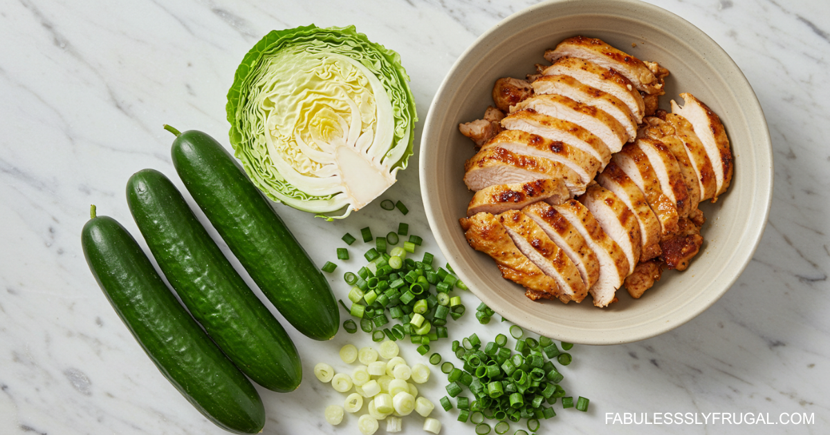 Flat lay of fresh ingredients for green goddess salad on a white background