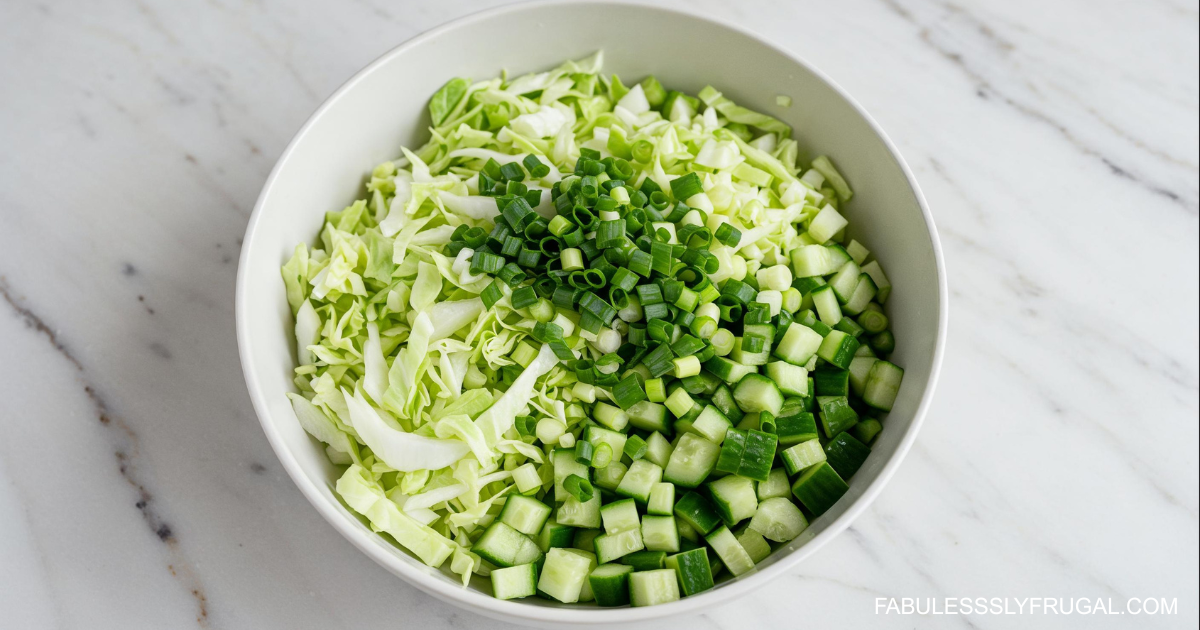 Chopped cabbage, cucumbers, and green onions in a bowl on a white marble background