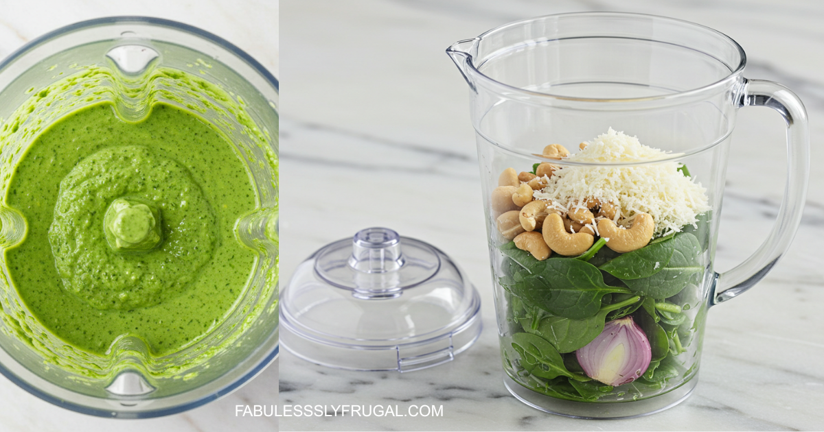 Green goddess dressing ingredients in a blender