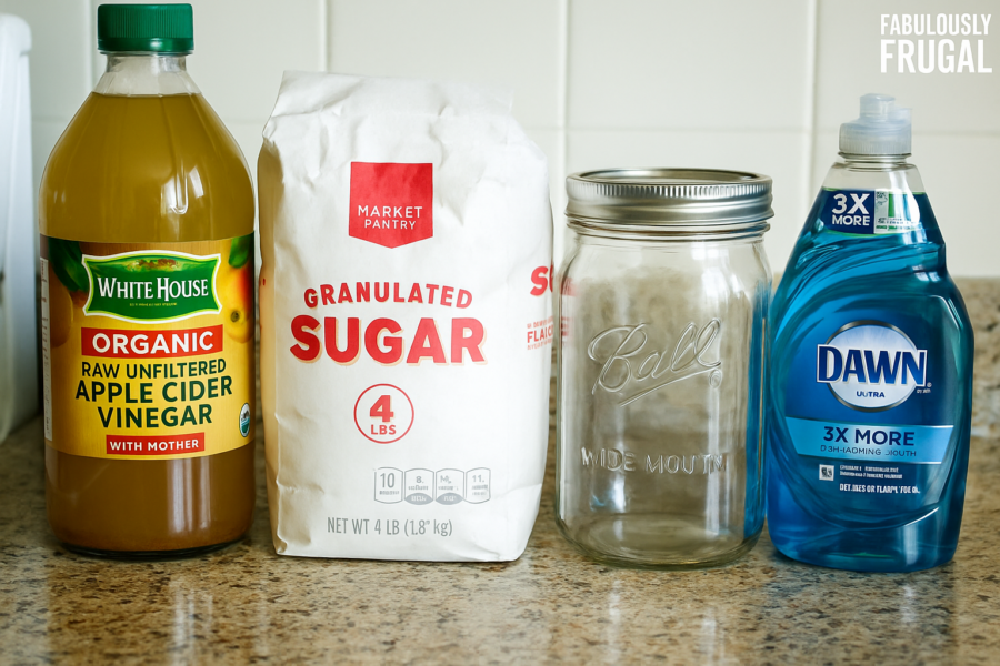 diy fly catcher supplies needed on counter top apple cider vingar, sugar, dawn and a mason jar with fabulesslyfrugal.com branding