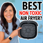 cathy yoder holding the typhur dome 2 air fryer basket with non toxic air fryer text overlay