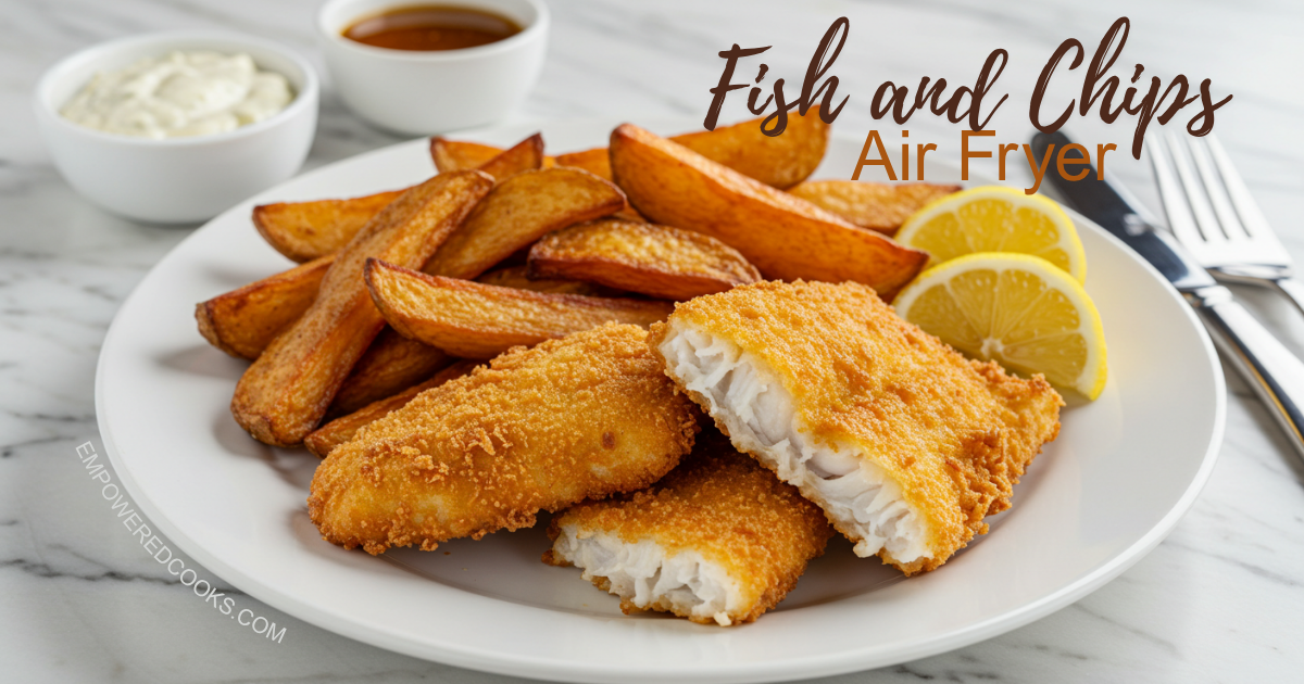airfried fish and chips on a white plate with lemon wedges and tartar sauce and malt vinegar in the background