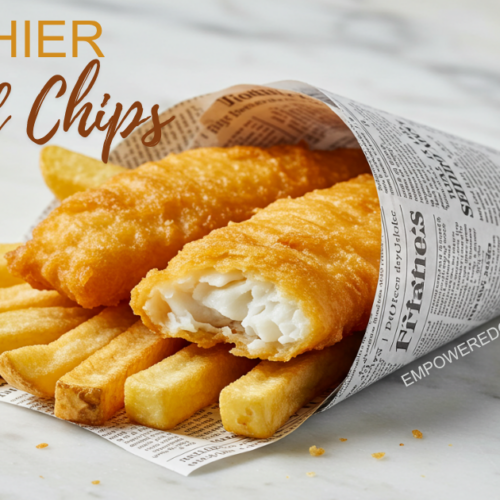 air fried fish and chips wrapped in newspaper on a white marble background