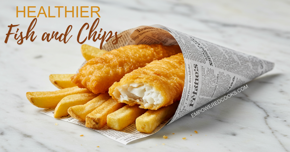 air fried fish and chips wrapped in newspaper on a white marble background
