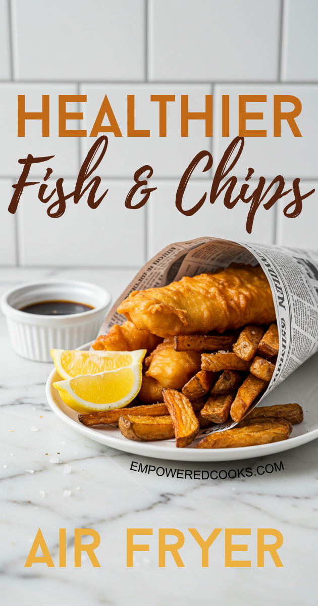 air fried fish in a newspaper cone with homemade chips, lemon wedges, and malt vinegar