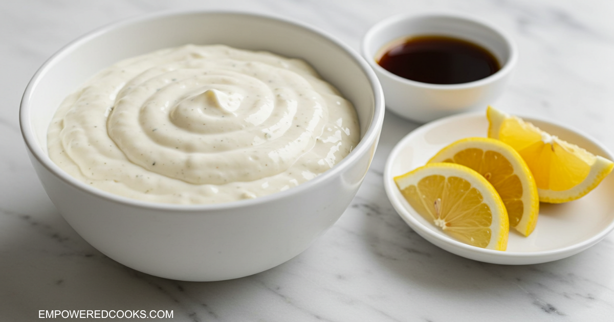 tartar sauce, malt vinegar and lemon in while bowls on a white marble background