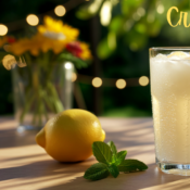 clear glass of creamy lemonade with lemon slice garnish on a wooden tabletop