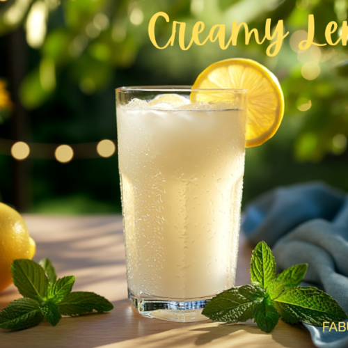 clear glass of creamy lemonade with lemon slice garnish on a wooden tabletop