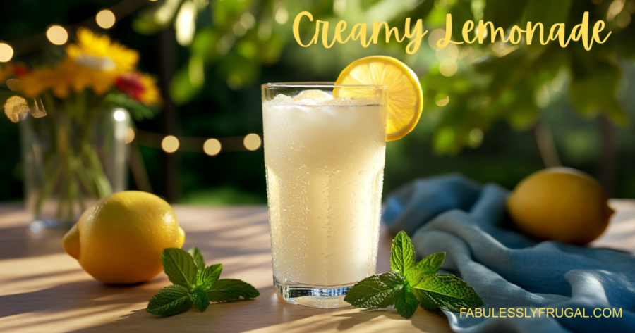 clear glass of creamy lemonade with lemon slice garnish on a wooden tabletop