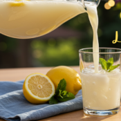 pouring creamy lemondade from a pitcher into a glass on a wooden table with lemons and a blue napkin