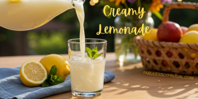 pouring creamy lemondade from a pitcher into a glass on a wooden table with lemons and a blue napkin