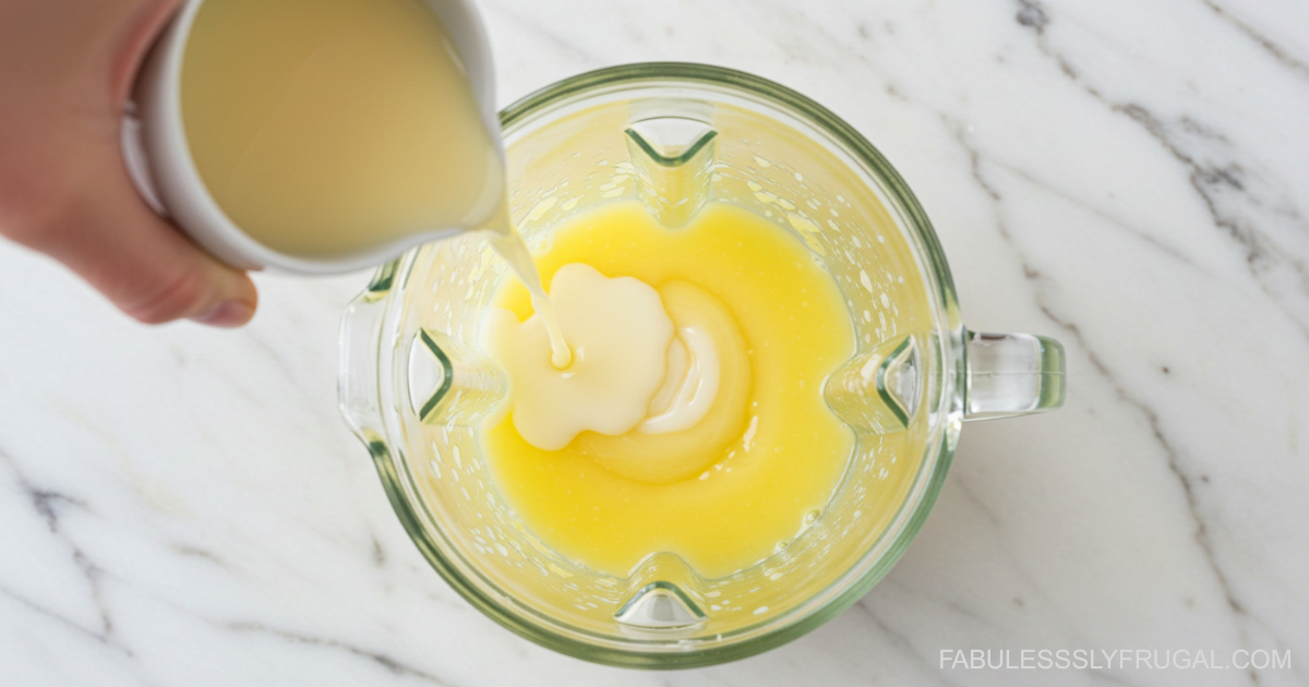 a hand pouring condensed milk into the base mix for creamy lemonade in a blender cup