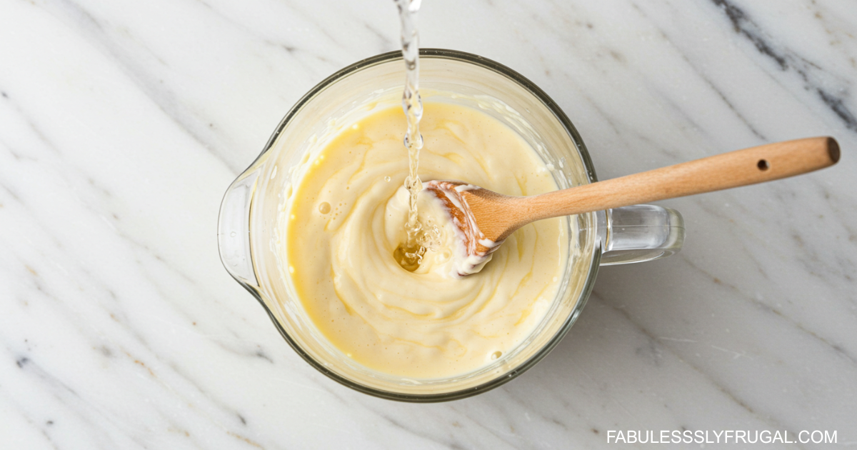 pouring water into the creamy lemonade in a pitcher with a wooden spoon