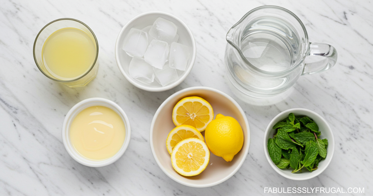 ingredients to make creamy lemonade in bowls and a pitcher on a white marble background