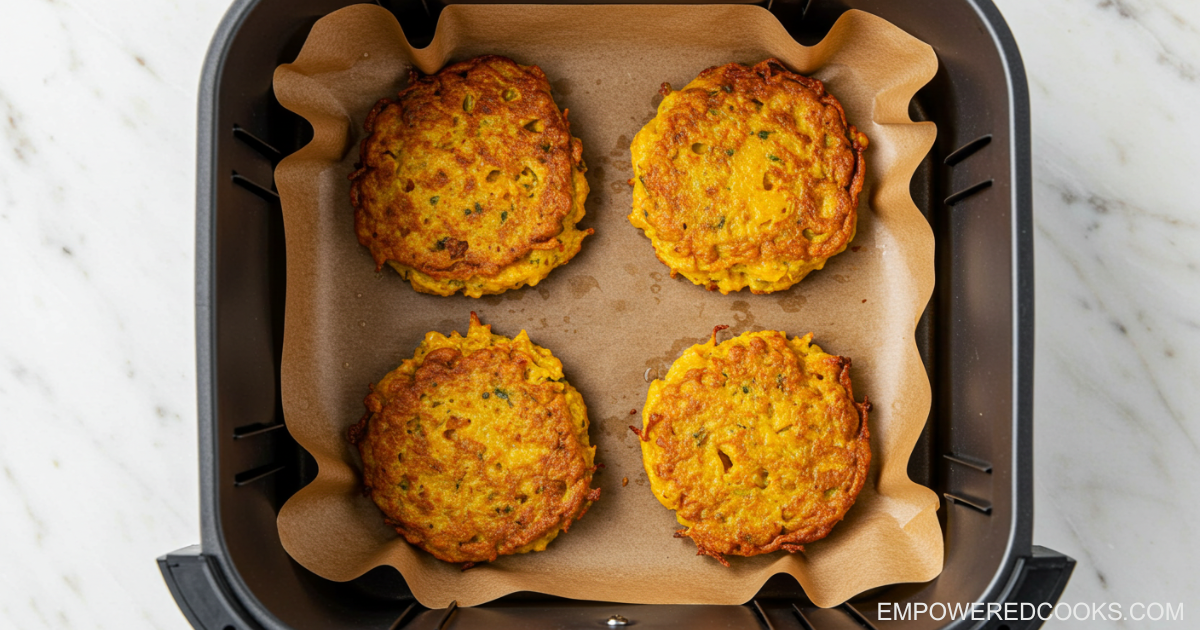 summer squash fritters in an air fryer basket