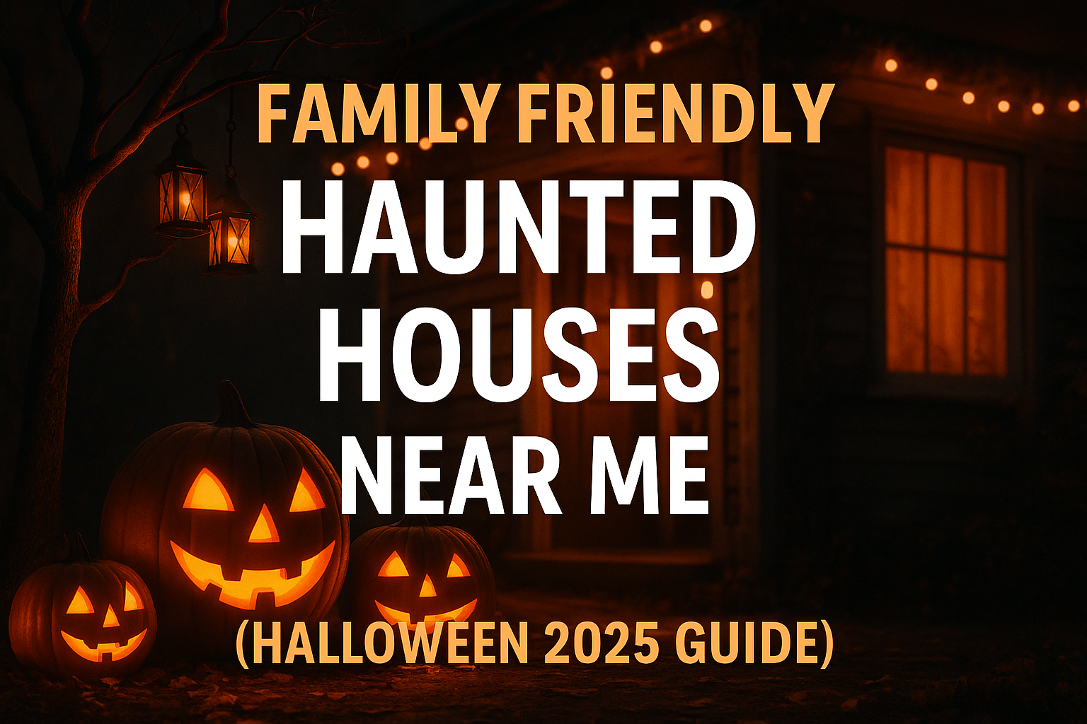 Family friendly haunted houses near me hero image with pumpkins and warm lights