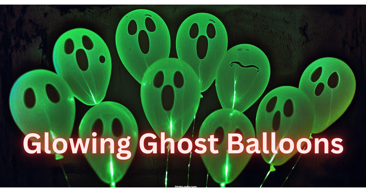 Cluster of glowing ghost balloons with hand-drawn faces for Halloween