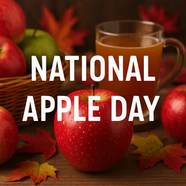 National Apple Day hero image with apples, cider, and fall leaves